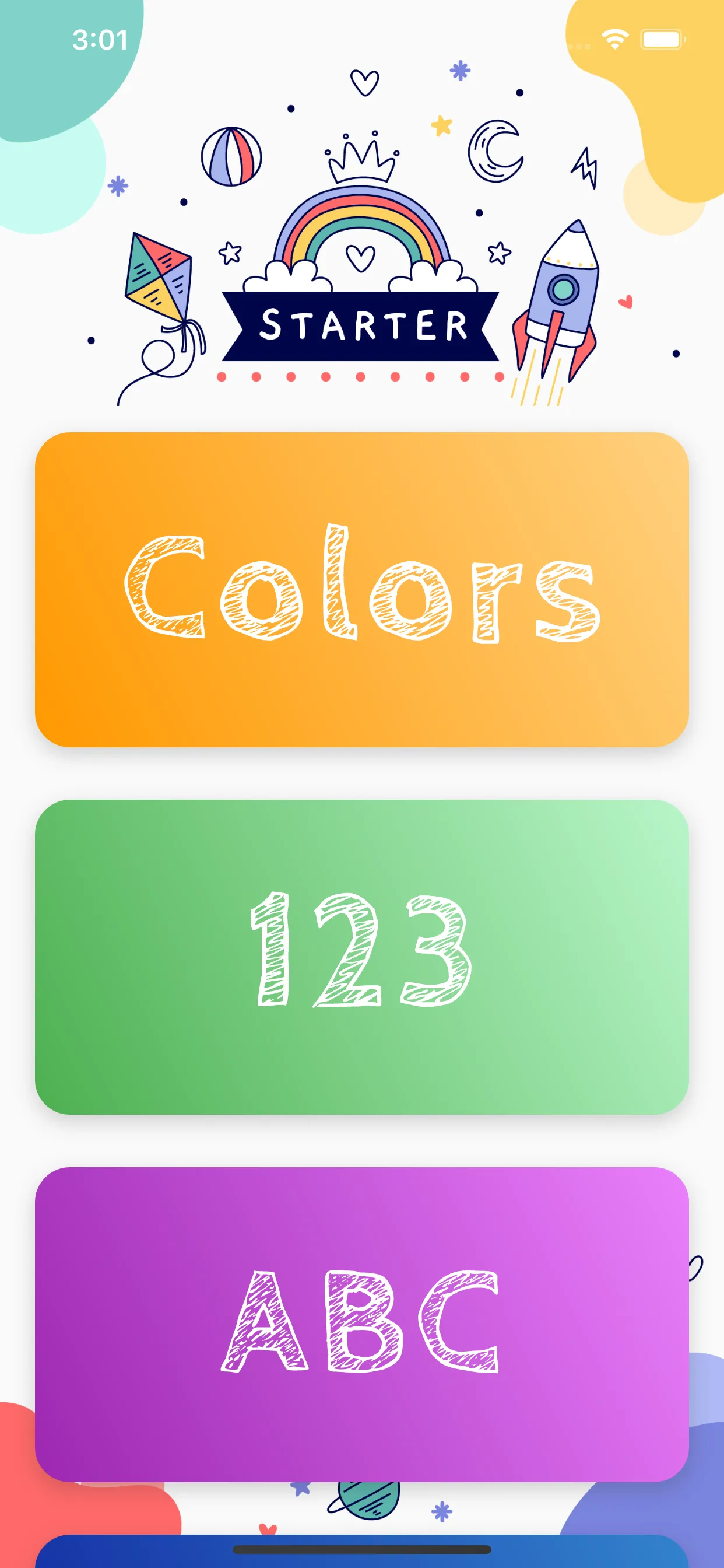 The app's start screen with a rainbow "Starter" banner above Colors, 123 and ABC cards