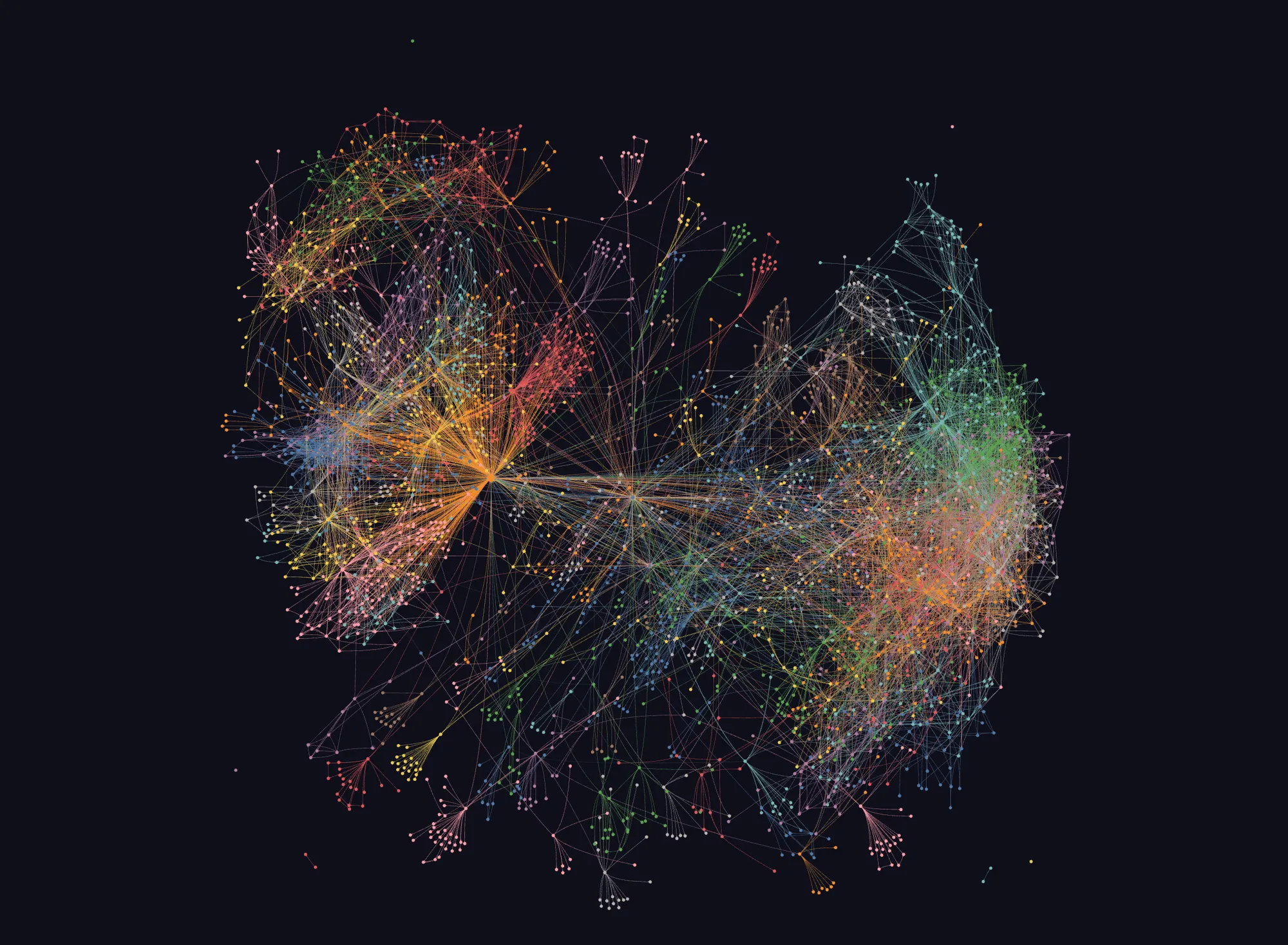 Graphify's graph of the GonnaCrash codebase: thousands of nodes in coloured communities, with a few hub modules at the centre of dense fans of edges