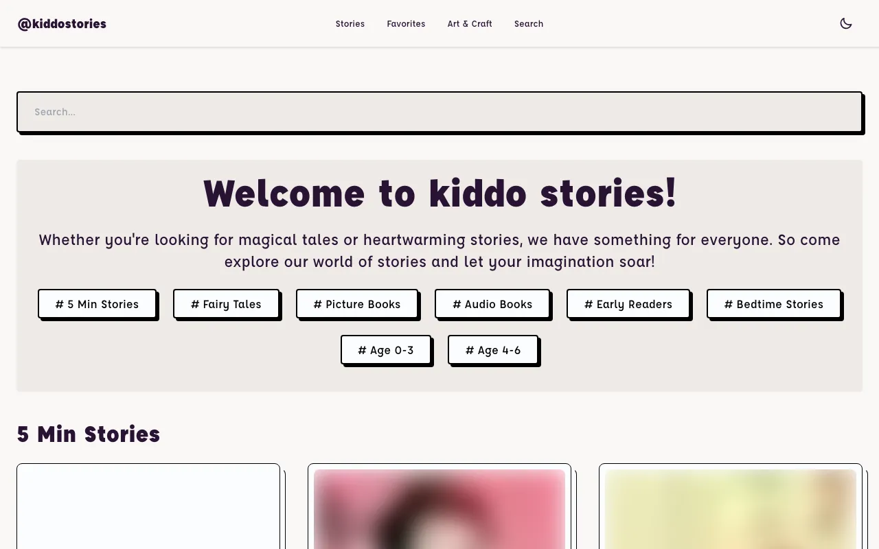 Kiddo Stories home page with a search box and category buttons such as Fairy Tales, Picture Books and Bedtime Stories