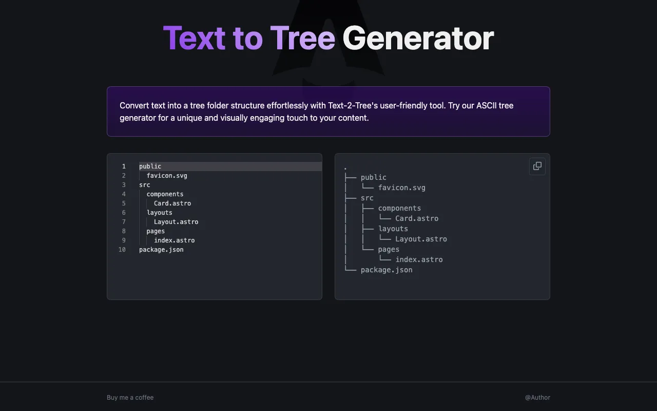 Text to Tree Generator with an indented file list on the left and the matching ASCII folder tree on the right